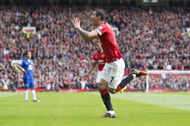Angel di Maria of Manchester United celebrates his opening goal - Manchester United vs. Everton - Barclay s Premier League - Old Trafford - Manchester - 04 10 2014 Pic Philip Oldham Sportimage EDITORIAL USE ONLY. No use with unauthorised audio, video, data, fixture lists, club league logos or live services. Online in-match use limited to 120 images, no video emulation. No use in betting, games or single club league player publications.