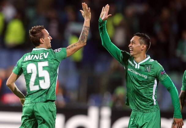 22.10.2014 Sofia(Bulgaria) PFC Ludogorets - FC Basel UEFA Champions League men s football Marcelinho(r) and Yordan Minev(L)PFC Ludogorets celebrate victory after match :Stringer 