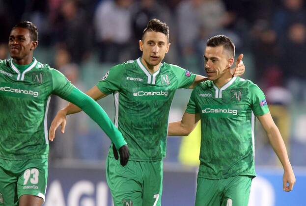 22.10.2014 Sofia(Bulgaria) PFC Ludogorets - FC Basel UEFA Champions League men s football Virgil Misidjan(L) with Mihail Aleksandrov(c) and Fabio Espinho(r) PFC Ludogorets :Stringer 
