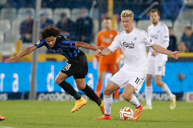 - BRUGGE, BELGIUM: Club s Felipe Gedoz De Conceicao and Kobenhavn s Andreas Cornelius fight for the ball during a game between Belgian soccer team Club Brugge and Danish team FC Kobenhavn, Thursday 23 October 2014, in Brugge stadium. It is the third day of the group stage of the UEFA Europa League competition, in group B. BRUNOxFAHY  premiumd 20145902
