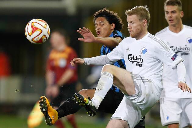 - BRUGGE, BELGIUM: Club s Felipe Gedoz De Conceicao and Kobenhavn s Tom Hogli fight for the ball during a game between Belgian soccer team Club Brugge and Danish team FC Kobenhavn, Thursday 23 October 2014, in Brugge stadium. It is the third day of the group stage of the UEFA Europa League competition, in group B. BRUNOxFAHY  premiumd 20146078