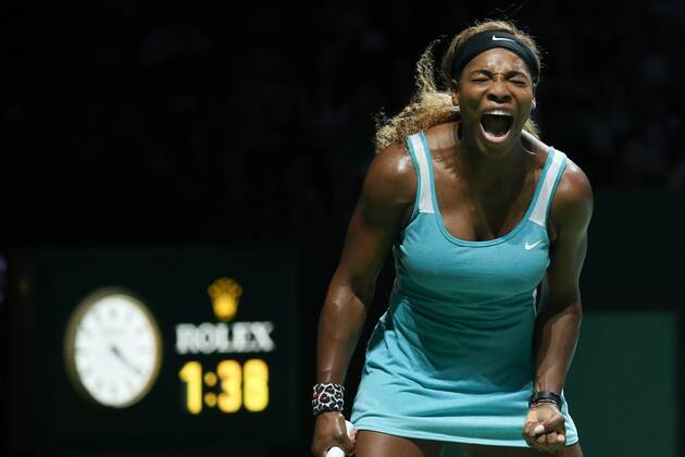 SINGAPORE - OCTOBER 25: (CHINA OUT) Serena Williams of the United States reacts in the semifinal match during the BNP Paribas WTA Tennis Damen Finals at Singapore Sports Hub on October 25, 2014 in Singapore.  CFP29758 
