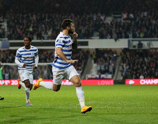 QPR s Charlie Austin celebrates scoring his sides opening goal Barclays Premier League - Queens Park Rangers Vs Aston Villa - Loftus Road - England - 27th October 2014 - Picture David Klein Sportimage EDITORIAL USE ONLY. No use with unauthorised audio, video, data, fixture lists, club league logos or live services. Online in-match use limited to 120 images, no video emulation. No use in betting, games or single club league player publications.
