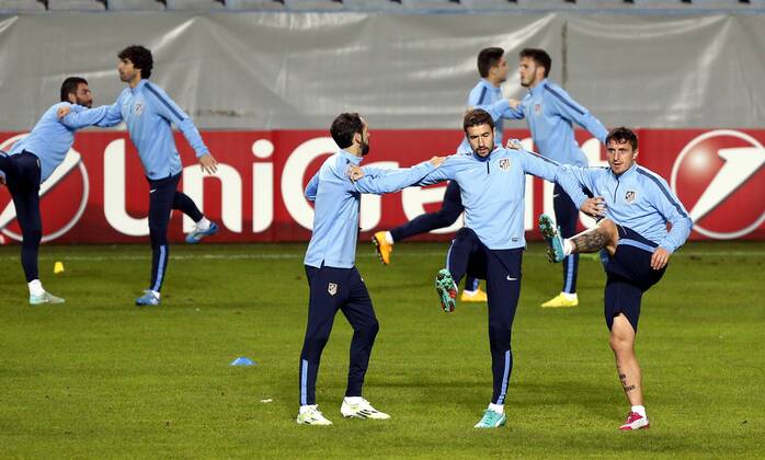 Atletico Madrid training session in Malmoe. In this picture, Juanfran, Gabi and Cebolla (Cristian Rodriguez). xPABLOGARCIAx 