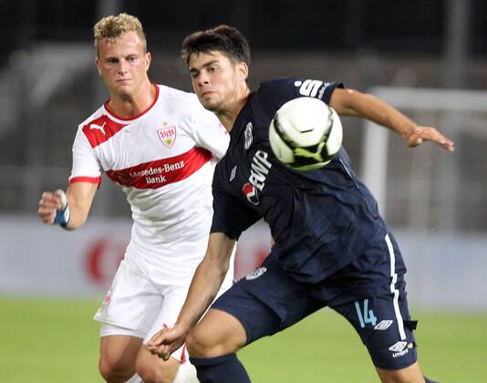 VfB Stuttgart II 29.08.2012, Fussball 3. Liga, VfB Stuttgart II- SV Babelsberg 03 (2:1): v.l. Christoph Hemlein (VfB Stuttgart II), Aaron Berzel (SV Babelsberg 03).