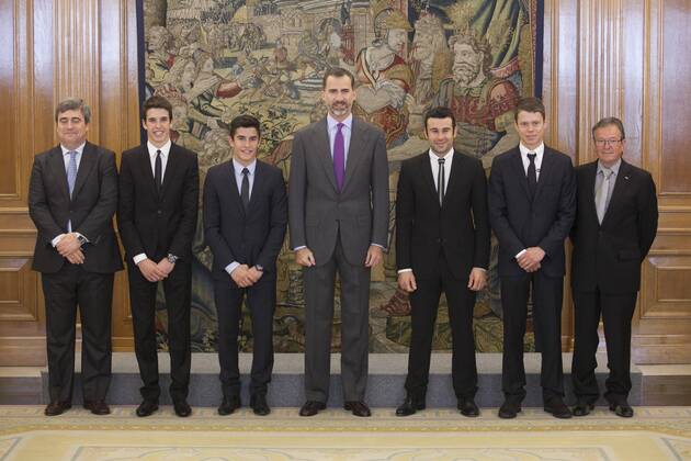 King Felipe VI of Spain receives moto riders Alex Marquez, Marc Marquez, Toni Bou, Esteve Rabat during Royal Audience at Zarzuela Palace in Madrid, Spain. November 20, 2014.  (20152285)