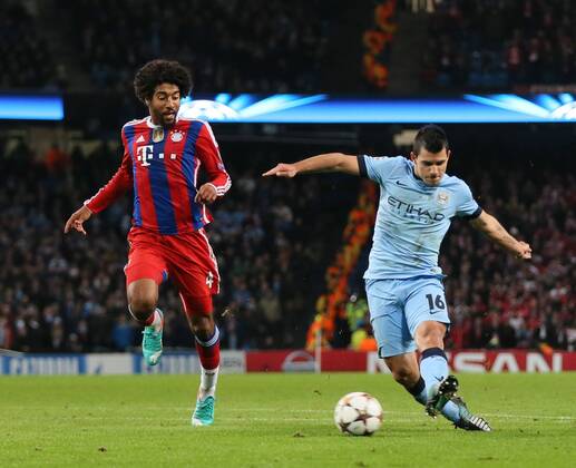 Sergio Kun Aguero of Manchester City scores the second goal to equalise - UEFA Champions League group E - Manchester City vs Bayern Munich - Etihad Stadium - Manchester - England - 25rd November 2014 - Picture Simon Bellis Sportimage EDITORIAL USE ONLY. No use with unauthorised audio, video, data, fixture lists, club league logos or live services. Online in-match use limited to 120 images, no video emulation. No use in betting, games or single club league player publications.
