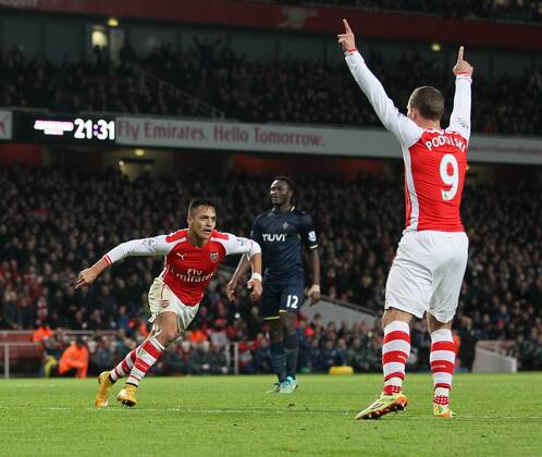 Aktuell Fußball, England, Premier League, FC Arsenal - FC Southampton Arsenal s Alexis Sanchez celebrates scoring his sides opening goal Barclays Premier League- Arsenal vs Southampton - Emirates Stadium - England - 3rd December 2014 - Picture David Klein Sportimage EDITORIAL USE ONLY. No use with unauthorised audio, video, data, fixture lists, club league logos or live services. Online in-match use limited to 120 images, no video emulation. No use in betting, games or single club league player publications.