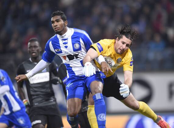 - GENT, BELGIUM: Gent s Renato Neto and Genk s goalkeeper Laszlo Koteles fight for the ball during the Jupiler Pro League match between KAA Gent and KRC Genk, in Gent, Sunday 07 December 2014, on day 18 of the Belgian soccer championship. JOHNxTHYS x04516799x