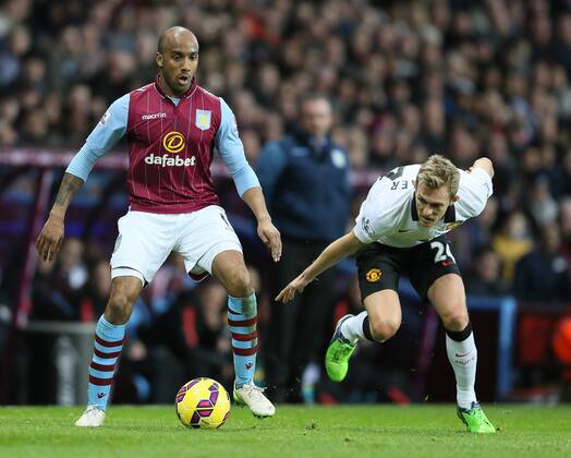 Fabian Delph of Aston Villa holds off Darren Fletcher of Manchester United ManU - Barclays Premier League - Aston Villa vs Manchester United Villa Park Stadium - Birmingham - England - 20th December 2014 - Picture SimonBellis Sportimage EDITORIAL USE ONLY. No use with unauthorised audio, video, data, fixture lists, club league logos or live services. Online in-match use limited to 120 images, no video emulation. No use in betting, games or single club league player publications.
