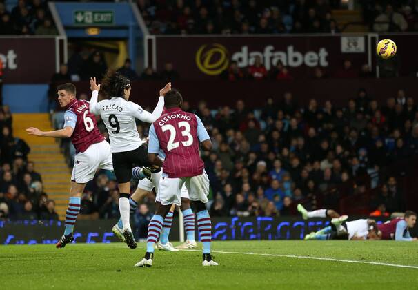 Manchester United ManU s Radamel Falcao scoring his sides opening goal Barclays Premier League - Aston Villa vs Manchester United - Villa Park - England - 19th December 2014 - Picture DavidKlein Sportimage EDITORIAL USE ONLY. No use with unauthorised audio, video, data, fixture lists, club league logos or live services. Online in-match use limited to 120 images, no video emulation. No use in betting, games or single club league player publications.