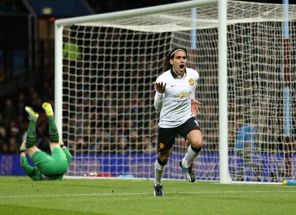 Manchester United ManU s Radamel Falcao celebrates scoring his sides opening goal Barclays Premier League - Aston Villa vs Manchester United - Villa Park - England - 19th December 2014 - Picture DavidKlein Sportimage EDITORIAL USE ONLY. No use with unauthorised audio, video, data, fixture lists, club league logos or live services. Online in-match use limited to 120 images, no video emulation. No use in betting, games or single club league player publications.