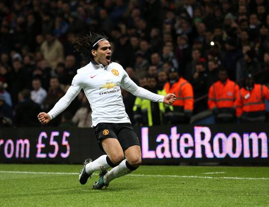 Manchester United ManU s Radamel Falcao celebrates scoring his sides opening goal Barclays Premier League - Aston Villa vs Manchester United - Villa Park - England - 19th December 2014 - Picture DavidKlein Sportimage EDITORIAL USE ONLY. No use with unauthorised audio, video, data, fixture lists, club league logos or live services. Online in-match use limited to 120 images, no video emulation. No use in betting, games or single club league player publications.