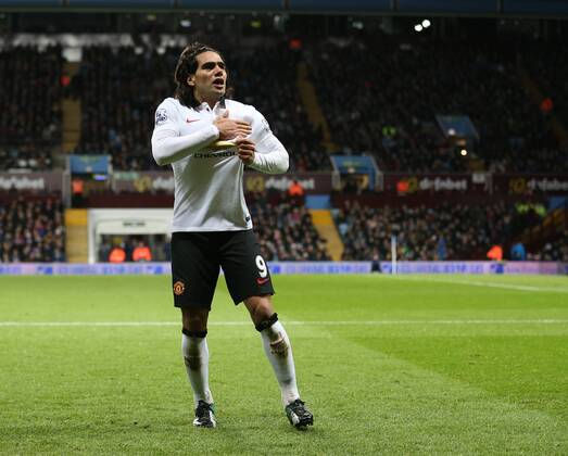 Manchester United ManU s Radamel Falcao celebrates scoring his sides opening goal Barclays Premier League - Aston Villa vs Manchester United - Villa Park - England - 19th December 2014 - Picture DavidKlein Sportimage EDITORIAL USE ONLY. No use with unauthorised audio, video, data, fixture lists, club league logos or live services. Online in-match use limited to 120 images, no video emulation. No use in betting, games or single club league player publications.