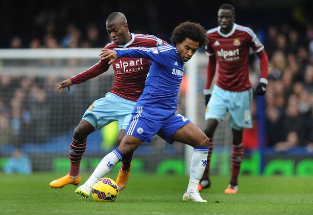 Football - 2014 2015 Premier League - Chelsea vs. West Ham United Chelsea s Willian and Enner Valencia at Stamford Bridge. COLORSPORT ANDREW COWIE