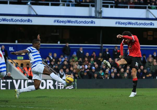Manchester United ManU s Marouane Fellaini scoring his sides opening goal Barclays Premier League - Queens Park Rangers vs Manchester United - Loftus Road - England - 17th January 2015 - Picture David Klein Sportimage EDITORIAL USE ONLY. No use with unauthorised audio, video, data, fixture lists, club league logos or live services. Online in-match use limited to 120 images, no video emulation. No use in betting, games or single club league player publications.