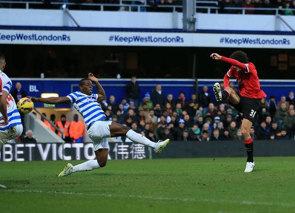 Manchester United ManU s Marouane Fellaini scoring his sides opening goal Barclays Premier League - Queens Park Rangers vs Manchester United - Loftus Road - England - 17th January 2015 - Picture David Klein Sportimage EDITORIAL USE ONLY. No use with unauthorised audio, video, data, fixture lists, club league logos or live services. Online in-match use limited to 120 images, no video emulation. No use in betting, games or single club league player publications.