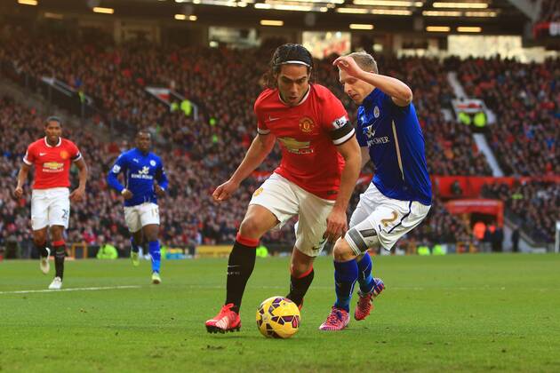Radamel Falcao of Manchester United ManU passes Leicester s Ritchie De Laet - Manchester United vs. Leicester City - Barclay s Premier League - Old Trafford - Manchester - 31 01 2015 EDITORIAL USE ONLY. No use with unauthorised audio, video, data, fixture lists, club league logos or live services. Online in-match use limited to 120 images, no video emulation. No use in betting, games or single club league player publications.
