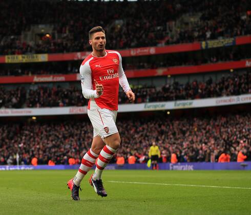 Aktuell Fußball, England, Premier League, FC Arsenal - Aston Villa Arsenal s Olivier Giroud celebrates scoring his sides opening goal Barclays Premier League - Arsenal vs Aston Villa - Emirates Stadium - England - 1st February 2015 - Picture David Klein Sportimage EDITORIAL USE ONLY. No use with unauthorised audio, video, data, fixture lists, club league logos or live services. Online in-match use limited to 120 images, no video emulation. No use in betting, games or single club league player publications.