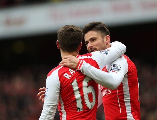 Aktuell Fußball, England, Premier League, FC Arsenal - Aston Villa Arsenal s Olivier Giroud celebrates scoring his sides opening goal Barclays Premier League - Arsenal vs Aston Villa - Emirates Stadium - England - 1st February 2015 - Picture David Klein Sportimage EDITORIAL USE ONLY. No use with unauthorised audio, video, data, fixture lists, club league logos or live services. Online in-match use limited to 120 images, no video emulation. No use in betting, games or single club league player publications.