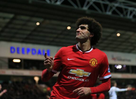 Manchester United ManU s Marouane Fellaini celebrates scoring his sides second goal FA Cup - Preston North End vs Manchester United - Deepdale - England - 16th February 2015 - Picture David Klein Sportimage EDITORIAL USE ONLY. No use with unauthorised audio, video, data, fixture lists, club league logos or live services. Online in-match use limited to 120 images, no video emulation. No use in betting, games or single club league player publications.