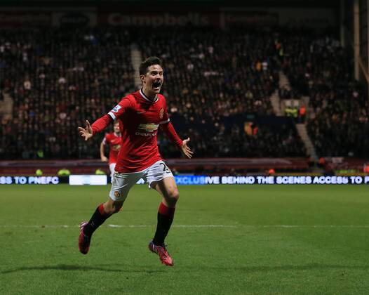 Manchester United ManU s Ander Herrera celebrates scoring his sides opening goal FA Cup - Preston North End vs Manchester United - Deepdale - England - 16th February 2015 - Picture David Klein Sportimage EDITORIAL USE ONLY. No use with unauthorised audio, video, data, fixture lists, club league logos or live services. Online in-match use limited to 120 images, no video emulation. No use in betting, games or single club league player publications.