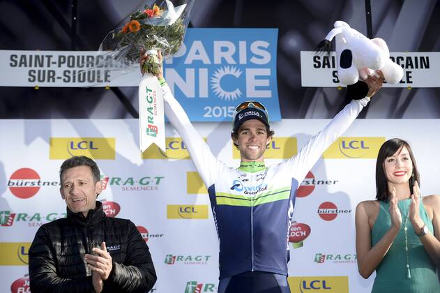 - SAINT-POURCAIN-SUR-SIOULE, FRANCE: Australian Michael Matthews of Orica GreenEDGE celebrates on the podium after winning stage 3 on the fourth day of the 73rd edition of Paris-Nice cycling race, 179 km from Saint-Amand-Montrond to Saint-Pourcain-sur-Sioule, France, Wednesday 11 March 2015. DIRKxWAEM  x04584636x