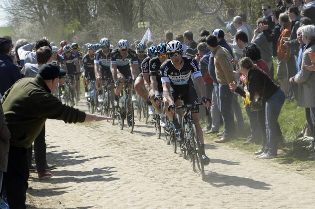 - ROUBAIX, FRANCE: Riders pictured in action during the Paris-Roubaix one day cycling race, 253,5 km from Compiegne to the Velodrome in Roubaix, Sunday 12 April 2015. DIRKxWAEM  x04602985x