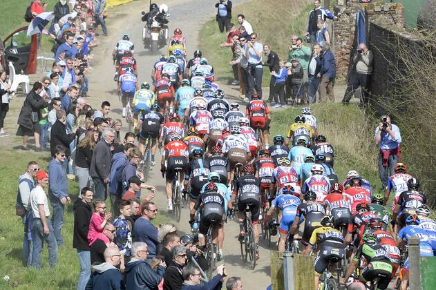 - ROUBAIX, FRANCE: Riders pictured in action during the Paris-Roubaix one day cycling race, 253,5 km from Compiegne to the Velodrome in Roubaix, Sunday 12 April 2015. DIRKxWAEM  x04603034x