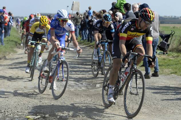 - ROUBAIX, FRANCE: Belgian Jens Debusschere of Lotto - Soudal pictured in action during the Paris-Roubaix one day cycling race, 253,5 km from Compiegne to the Velodrome in Roubaix, Sunday 12 April 2015. DIRKxWAEM  x04603036x