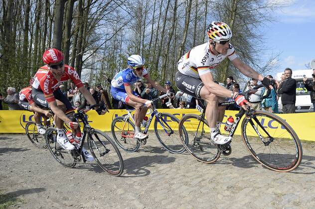 - ROUBAIX, FRANCE: German Andre Greipel of Lotto - Soudal (R) pictured in action during the Paris-Roubaix one day cycling race, 253,5 km from Compiegne to the Velodrome in Roubaix, Sunday 12 April 2015. DIRKxWAEM  x04603101x