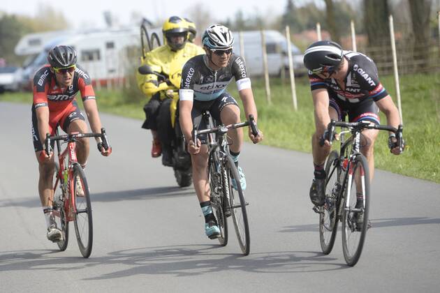 - ROUBAIX, FRANCE: Belgian Greg Van Avermaet of BMC Racing Team, Belgian Yves Lampaert of team Ettix - Quick-Step and German John Degenkolb of Team Giant-Alpecin pictured in action during the Paris-Roubaix one day cycling race, 253,5 km from Compiegne to the Velodrome in Roubaix, Sunday 12 April 2015. DIRKxWAEM  x04603110x