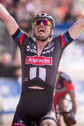 - ROUBAIX, FRANCE: German John Degenkolb of Team Giant-Alpecin celebrates after winning the Paris-Roubaix one day cycling race, 253,5 km from Compiegne to the Velodrome in Roubaix, Sunday 12 April 2015. LUCxCLAESSEN  x04603180x