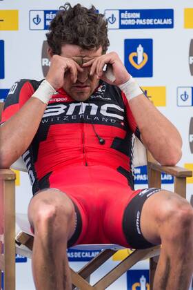 - ROUBAIX, FRANCE: Belgian Greg Van Avermaet of BMC Racing Team shows defeat after the Paris-Roubaix one day cycling race, 253,5 km from Compiegne to the Velodrome in Roubaix, Sunday 12 April 2015. LUCxCLAESSEN  x04603226x