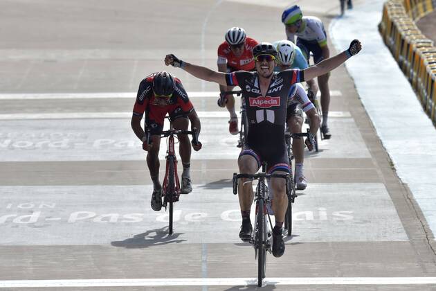 Degenkolb John of Giant - Alpecin wins before Stybar Zdenek of Etixx - Quick Step, Van Avermaet Greg of BMC Racing Team, Boom Lars of Astana, Elmiger Martin Schweiz of IAM Cycling and Keukeleire Jens of Orica Greenedge CYCLISME : Paris Roubaix - 12 04 2015 Photonews Panoramic 