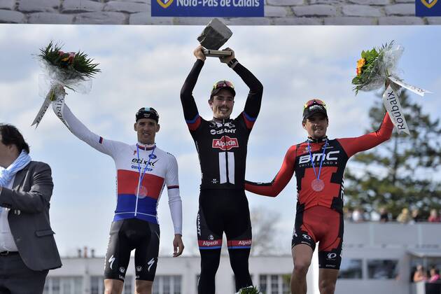 John Degenkolb (Team Giant - Alpecin), Zdenek Stybar (Team Etixx - Quick Step) and Greg Van Avermaet (BMC Racing Team) during the podium ceremony CYCLISME : Paris Roubaix - 12 04 2015 Photonews Panoramic 