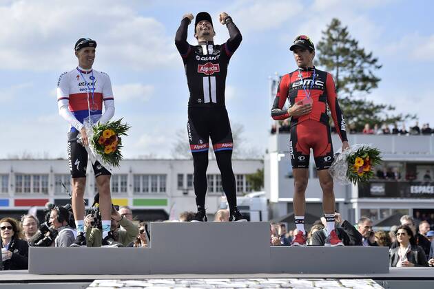 John Degenkolb (Team Giant - Alpecin), Zdenek Stybar (Team Etixx - Quick Step) and Greg Van Avermaet (BMC Racing Team) during the podium ceremony CYCLISME : Paris Roubaix - 12 04 2015 Photonews Panoramic 