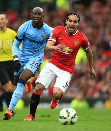 Radamel Falcao of Manchester United ManU plays the ball through - Manchester United vs. Manchester City - Barclay s Premier League - Old Trafford - Manchester - 12 04 2015 Pic Philip Oldham Sportimage EDITORIAL USE ONLY. No use with unauthorised audio, video, data, fixture lists, club league logos or live services. Online in-match use limited to 120 images, no video emulation. No use in betting, games or single club league player publications.