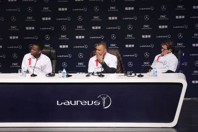 (From left) Former French football star Louis Saha, Dutch football star and manager Ruud Gullit, head coach of FC Terek Grozny, and Fabio Capello, head coach of the Russian national football team, attend a press conference PK Pressekonferenz for the Laureus World Sports Awards Shanghai 2015 in Shanghai, China, 14 April 2015. Soccer stars highlight press conference for Laureus Awards in Shanghai  20150414_61312