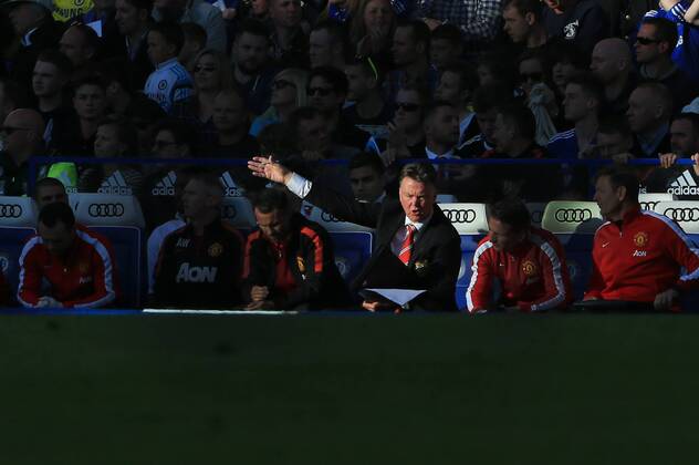 Manchester United ManU s Louis Van Gaal looks on in the light Barclays Premier League- Chelsea vs Manchester United - Stamford Bridge - England - 18th April 2015 - Picture David Klein Sportimage EDITORIAL USE ONLY. No use with unauthorised audio, video, data, fixture lists, club league logos or live services. Online in-match use limited to 120 images, no video emulation. No use in betting, games or single club league player publications.