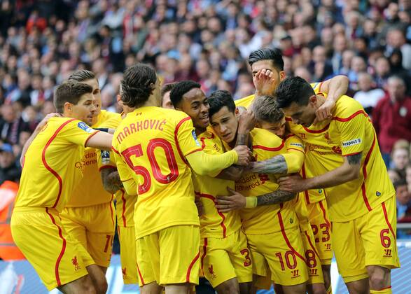 Liverpool s Philippe Coutinho celebrates scoring his sides opening goal The FA Cup - Semi Final- Aston Villa vs Liverpool - Wembley - England - 19th April 2015 - Picture David Klein Sportimage EDITORIAL USE ONLY. No use with unauthorised audio, video, data, fixture lists, club league logos or live services. Online in-match use limited to 120 images, no video emulation. No use in betting, games or single club league player publications.