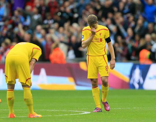 Liverpool s Steven Gerrard looks on dejected at the final whistle The FA Cup - Semi Final- Aston Villa vs Liverpool - Wembley - England - 19th April 2015 - Picture David Klein Sportimage EDITORIAL USE ONLY. No use with unauthorised audio, video, data, fixture lists, club league logos or live services. Online in-match use limited to 120 images, no video emulation. No use in betting, games or single club league player publications.