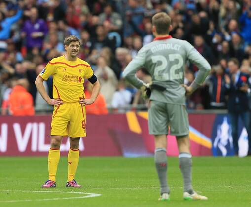 Liverpool s Steven Gerrard looks on dejected at the final whistle The FA Cup - Semi Final- Aston Villa vs Liverpool - Wembley - England - 19th April 2015 - Picture David Klein Sportimage EDITORIAL USE ONLY. No use with unauthorised audio, video, data, fixture lists, club league logos or live services. Online in-match use limited to 120 images, no video emulation. No use in betting, games or single club league player publications.