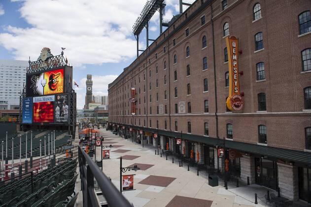 Orioles Park at Camden Yards is seen completely empty of fans in the first inning of the Orioles game against the Chicago White Sox, in Baltimore, Maryland on April 29, 2015. For the first time in Major League Baseball s history fans were not allowed to the game because of the ongoing civil unrest and protest in Baltimore in the wake of Freddie Gray s death. The late 25-year-old died earlier this month from a spinal injury while in police custody.  BAL20150429303 KEVINxDIETSCH