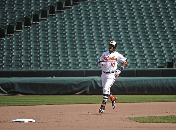 April 29, 2015 - Baltimore, MD, USA - Baltimore Orioles Adam Jones runs to second base on a double during the eighth inning on Wednesday, April 29, 2015, at Camden Yards in Baltimore. The game was closed to the public due to unrest in the city this week. MLB Baseball Herren USA 2015 - Baltimore Orioles Play In Empty Camden Yards - ZUMAm67_