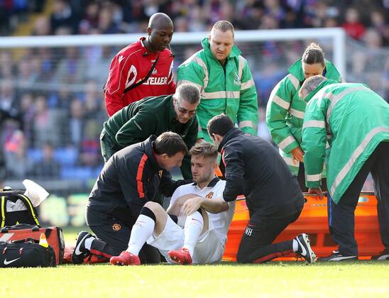 Manchester United ManU s Luke Shaw goes off injured Barclays Premier League - Crystal Palace vs Manchester United- Selhurst Park - England - 9th May 2015 - Picture David Klein Sportimage EDITORIAL USE ONLY. No use with unauthorised audio, video, data, fixture lists, club league logos or live services. Online in-match use limited to 120 images, no video emulation. No use in betting, games or single club league player publications.
