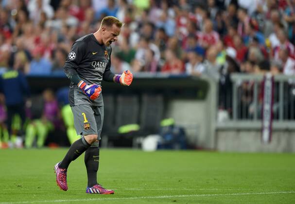 FUSSBALL CHAMPIONS LEAGUE SAISON 2014 2015 HALBFINALE RUECKSPIEL FC Bayern Muenchen - FC Barcelona Barca 12.05.2015 Torwart Marc Andre ter Stegen (Barca) jubelt 
