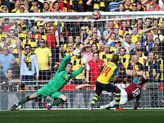 Arsenal s Theo Walcott sees his shot blocked by Aston Villa s Kieran Richardson FA Cup Final - Arsenal vs Aston Villa - Wembley Stadium - England - 30th May 2015 - Picture David Klein Sportimage EDITORIAL USE ONLY. No use with unauthorised audio, video, data, fixture lists, club league logos or live services. Online in-match use limited to 120 images, no video emulation. No use in betting, games or single club league player publications.