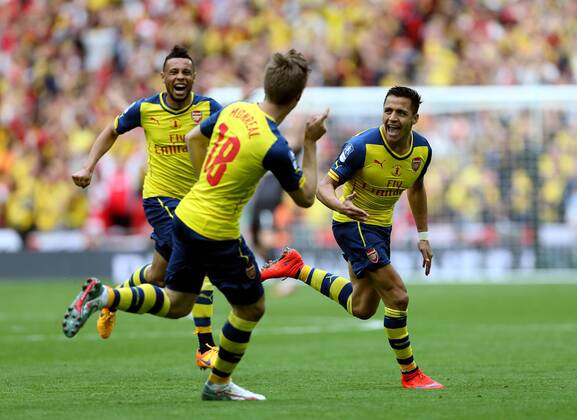 Arsenal s Alexis Sanchez celebrates scoring the second goal FA Cup Final - Arsenal vs Aston Villa - Wembley Stadium - England - 30th May 2015 - Picture David Klein Sportimage EDITORIAL USE ONLY. No use with unauthorised audio, video, data, fixture lists, club league logos or live services. Online in-match use limited to 120 images, no video emulation. No use in betting, games or single club league player publications.