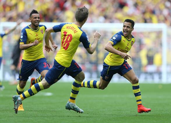 Arsenal s Alexis Sanchez celebrates scoring the second goal FA Cup Final - Arsenal vs Aston Villa - Wembley Stadium - England - 30th May 2015 - Picture David Klein Sportimage EDITORIAL USE ONLY. No use with unauthorised audio, video, data, fixture lists, club league logos or live services. Online in-match use limited to 120 images, no video emulation. No use in betting, games or single club league player publications.